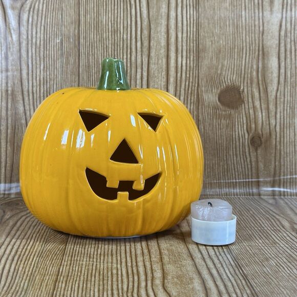 Halloween Ceramic Pumpkin Jack O Lantern Candle Cover Topper 7x7” - Picture 1 of 16